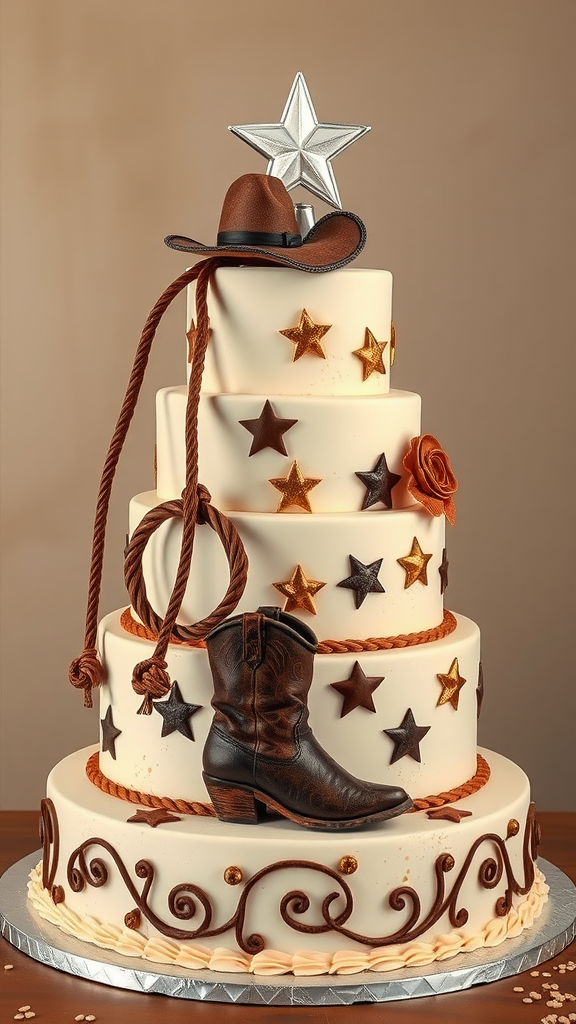 25 Cowboy Wedding Cake Ideas to Inspire Your Rustic Celebration A cowboy wedding cake with multiple tiers, decorated with a cowboy hat, boots, rope, and stars.
