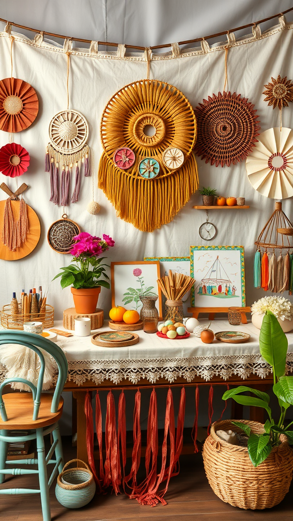 25 Adorable Ideas for a Boho Themed 1st Birthday Party for Girls A colorful interactive art station for kids featuring wall decor and art supplies.