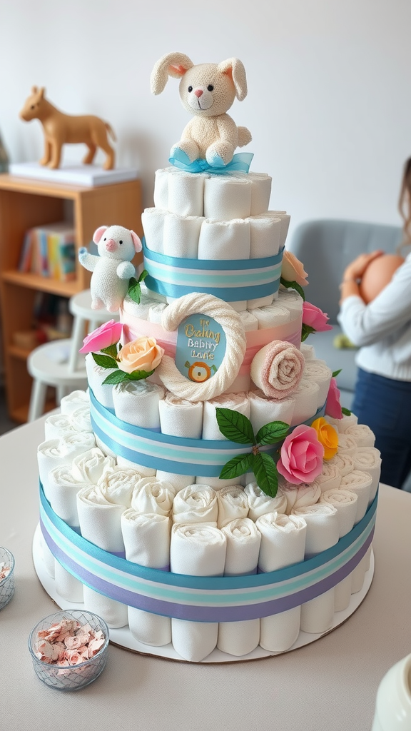 25 Sweet Winter Baby Shower Ideas to Warm Your Celebration A beautifully crafted diaper cake decorated with plush animals and flowers, perfect for a baby shower.