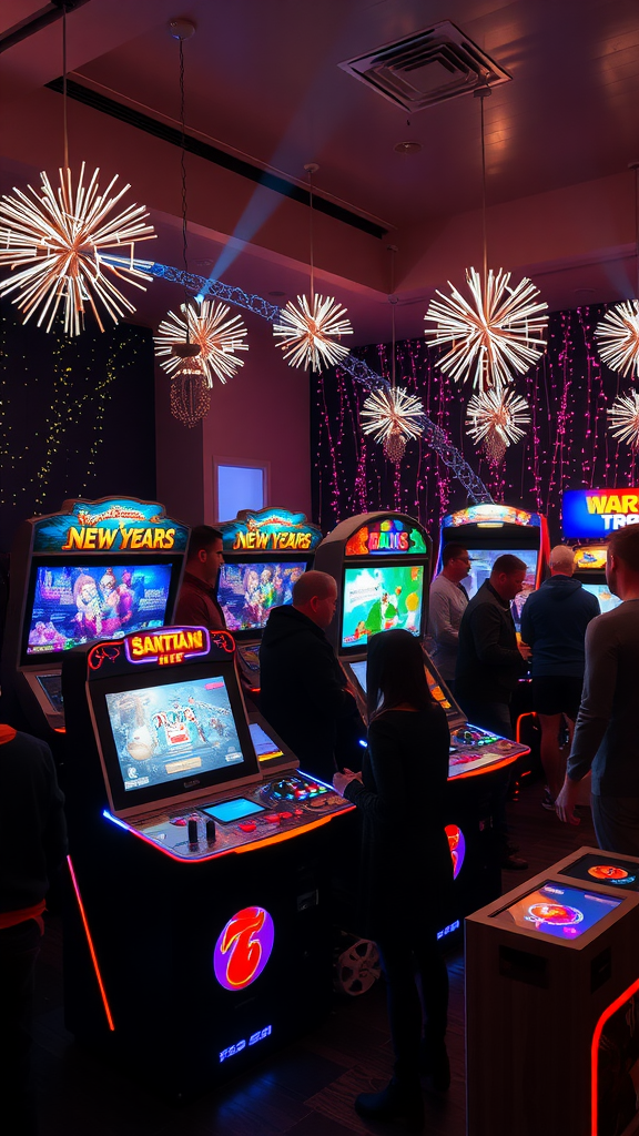 20 Exciting adults New Year's Eve Party Ideas Interactive game stations with bright lights and people playing games at a New Year’s Eve party.