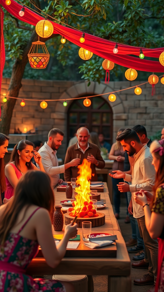 25 Creative Ideas for a Boho 50th Birthday Party Celebration A lively outdoor gathering with friends enjoying a boho 50th birthday party, featuring flaming desserts and festive decorations.