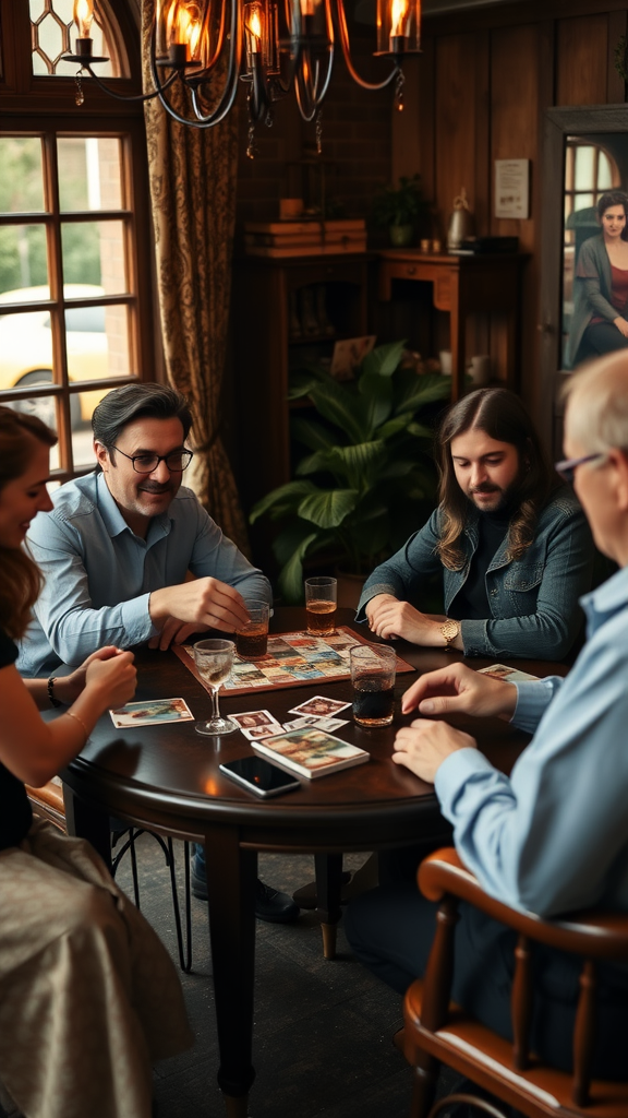 25 Must-Have Items for the Perfect Nesting Party A cozy gathering of friends around a table playing interactive games with drinks.