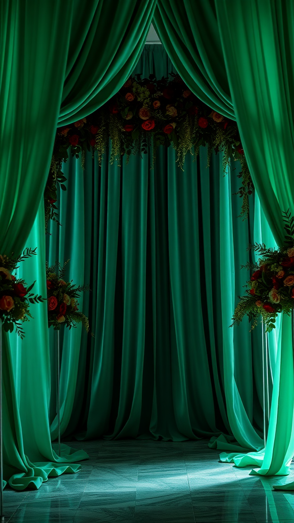 20 Enchanting Dark Romantic Wedding in Emerald Green Ideas Emerald green drapery with floral arrangement for a wedding backdrop