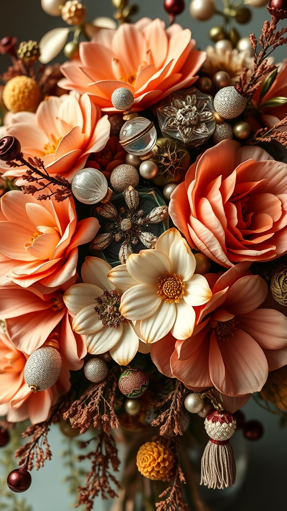 35 Stunning Earth Tone Wedding Bouquets for Your Dream Celebration A bouquet featuring peach and cream flowers with beaded accents, showcasing intricate details. Earth Tone Wedding Bouquets