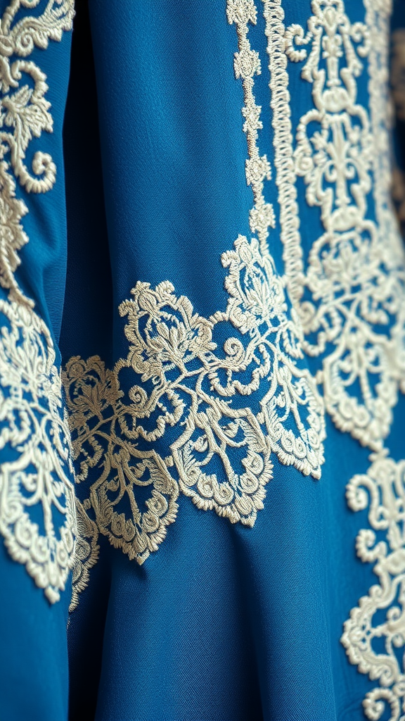 15 Stunning Blue Medieval Wedding Dresses for Your Fairytale Day Close-up of a blue medieval wedding dress with intricate lace and embroidery designs