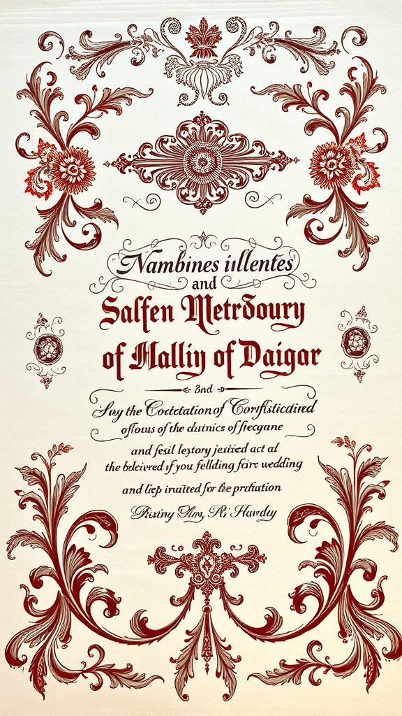 35 Rococo Wedding Inspiration Ideas That Will Make Your Heart Skip a Beat (Don't Miss #10!) A Rococo style wedding invitation featuring ornate designs and elegant script