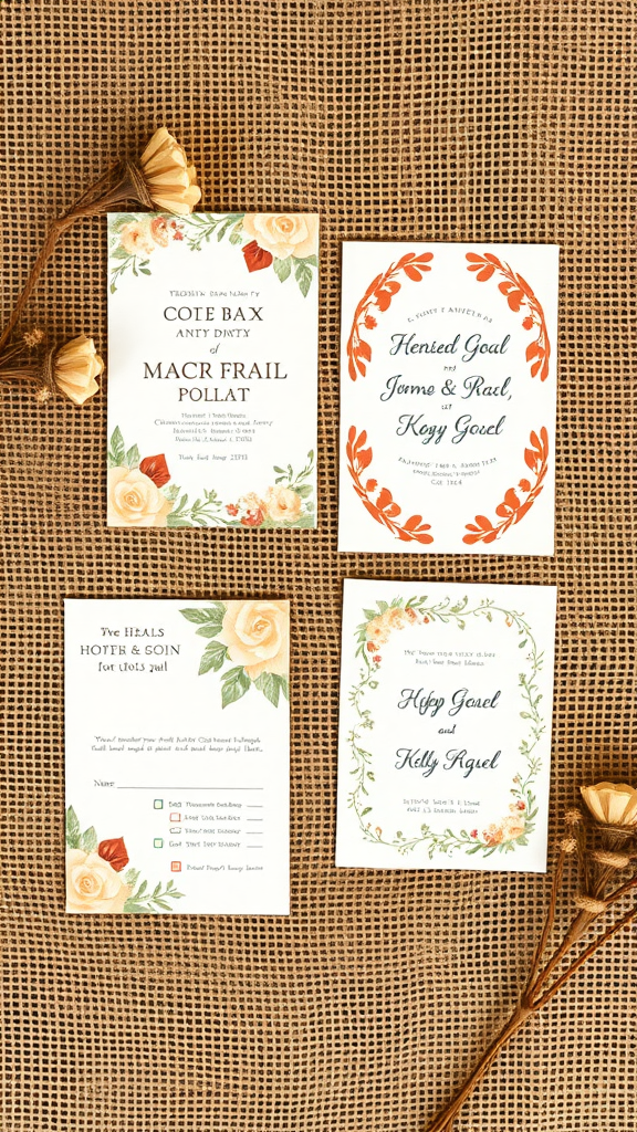 35 Earth Tone Wedding Ideas That'll Make Your Guests Go 'Wow!' (Don't Miss #10!) Earth tone wedding invitations displayed on burlap with floral designs