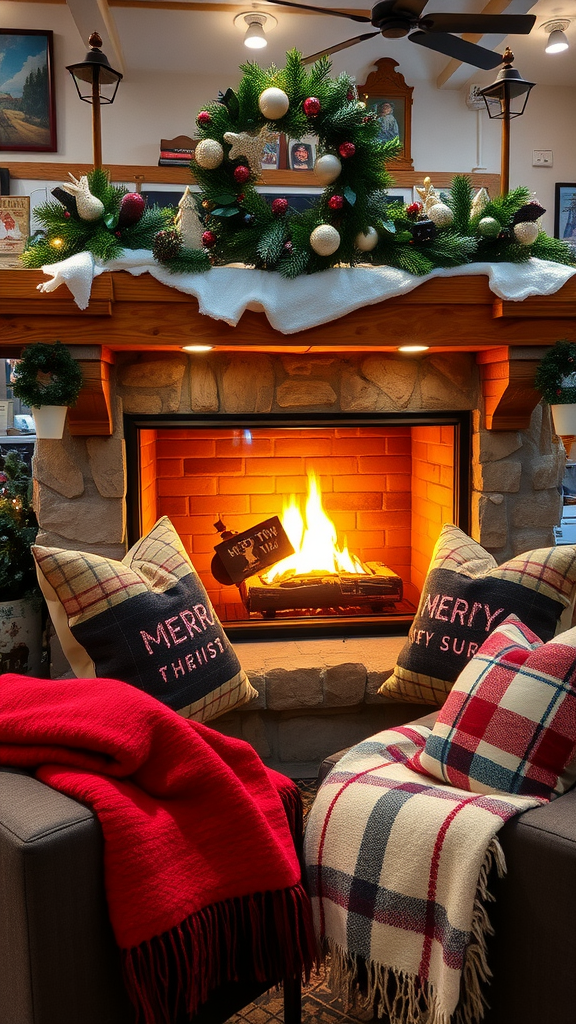 25 Sweet Winter Baby Shower Ideas to Warm Your Celebration A cozy fireplace lounge area with festive decorations, comfortable seating, and warm blankets.