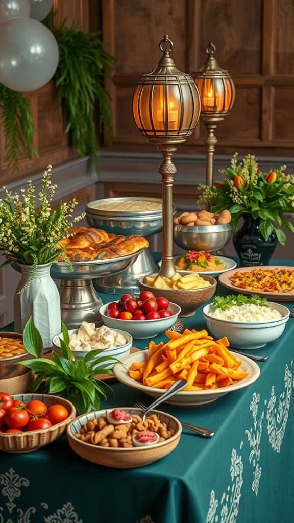 25 Creative Ideas for a Boho 50th Birthday Party Celebration A beautifully arranged food station with a boho flair, featuring a variety of dishes, elegant lanterns, and fresh flowers.
