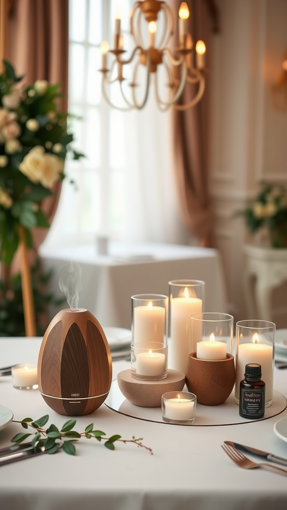 35 Earth Tone Wedding Ideas That'll Make Your Guests Go 'Wow!' (Don't Miss #10!) A beautifully arranged table for an Earth Tone Wedding featuring a diffuser, candles, and floral arrangements.