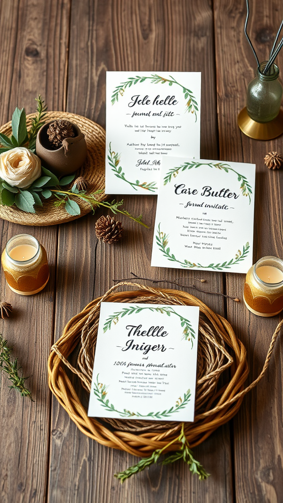 25 Creative Nesting Party Ideas for a Cozy Gathering Beautifully crafted invitations for a cozy gathering, surrounded by natural decor.