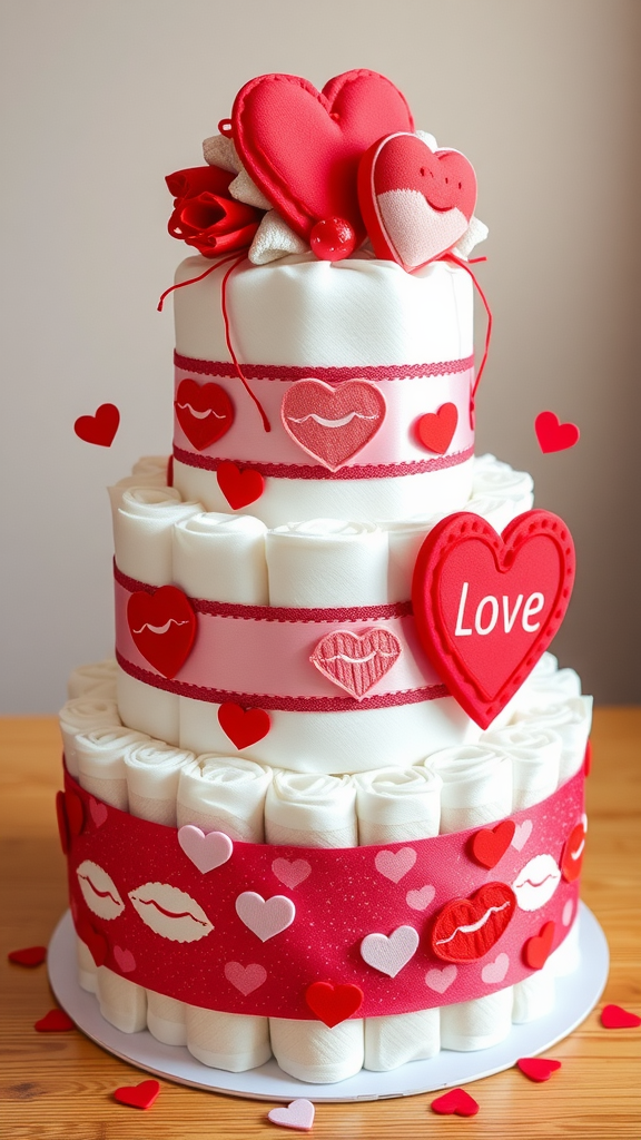 25 Creative Valentine Diaper Cakes A decorative diaper cake featuring layers of rolled diapers wrapped in ribbons, adorned with hearts and kiss motifs.