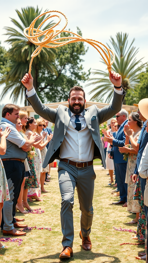 15 Creative Cowboy Wedding Entrance Ideas to Wow Your Guests A man in a gray suit joyfully swinging a lasso at a wedding with guests cheering.