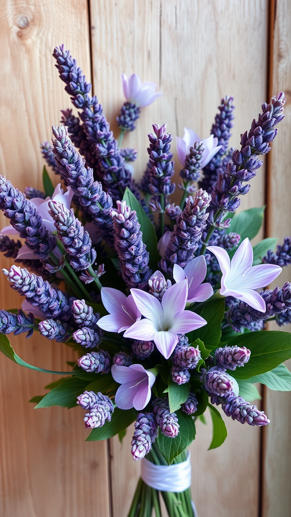 25 Cowboy Wedding Flowers That Will Make Planning a Breeze! A bouquet featuring lavender spikes and soft lavender lilies, set against a wooden background.