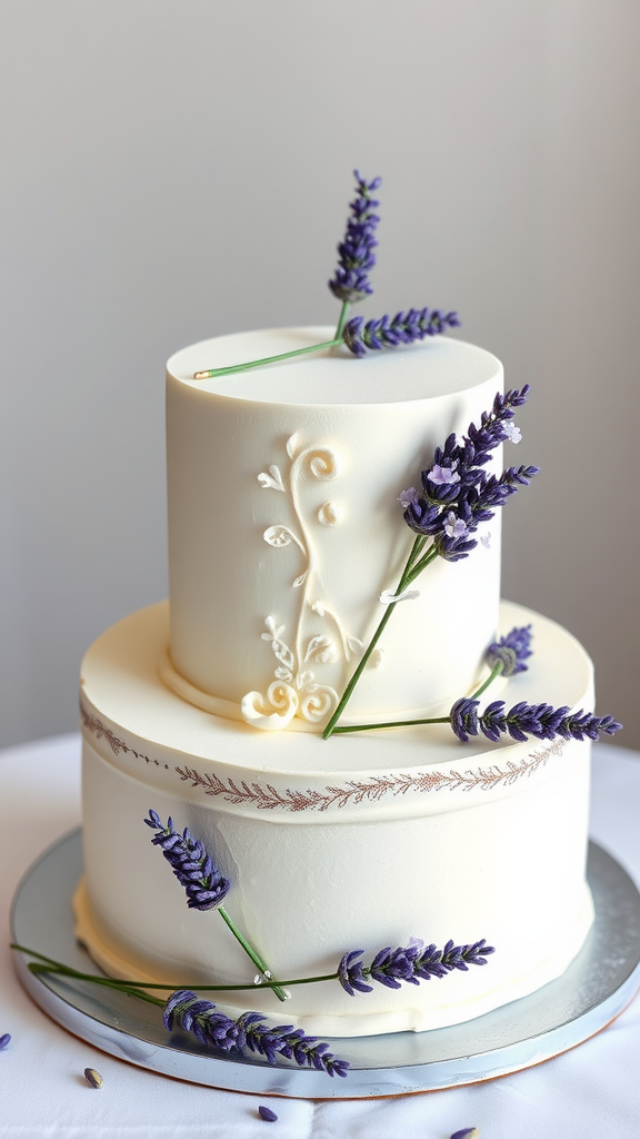 30 Themed Two-Tier Wedding Cakes That Are Totally Unique (Check Out #9!) Two-tier wedding cake decorated with lavender sprigs