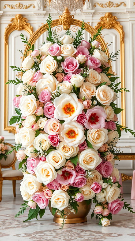 35 Rococo Wedding Inspiration Ideas That Will Make Your Heart Skip a Beat (Don't Miss #10!) Lavish floral arrangements featuring pink and white roses in a Rococo wedding setting