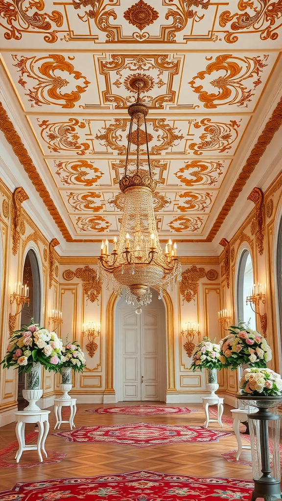 35 Stunning Ideas for a Rococo Party A lavish Rococo themed room featuring ornate gold decorations, a grand chandelier, and floral arrangements.