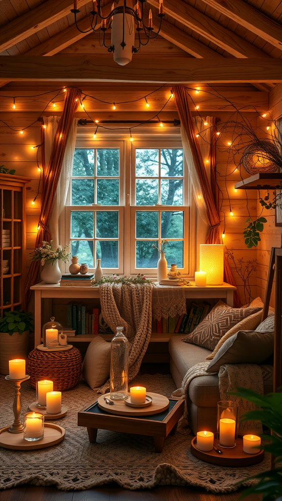 25 Must-Have Items for the Perfect Nesting Party Cozy room with layered lighting from string lights and candles.