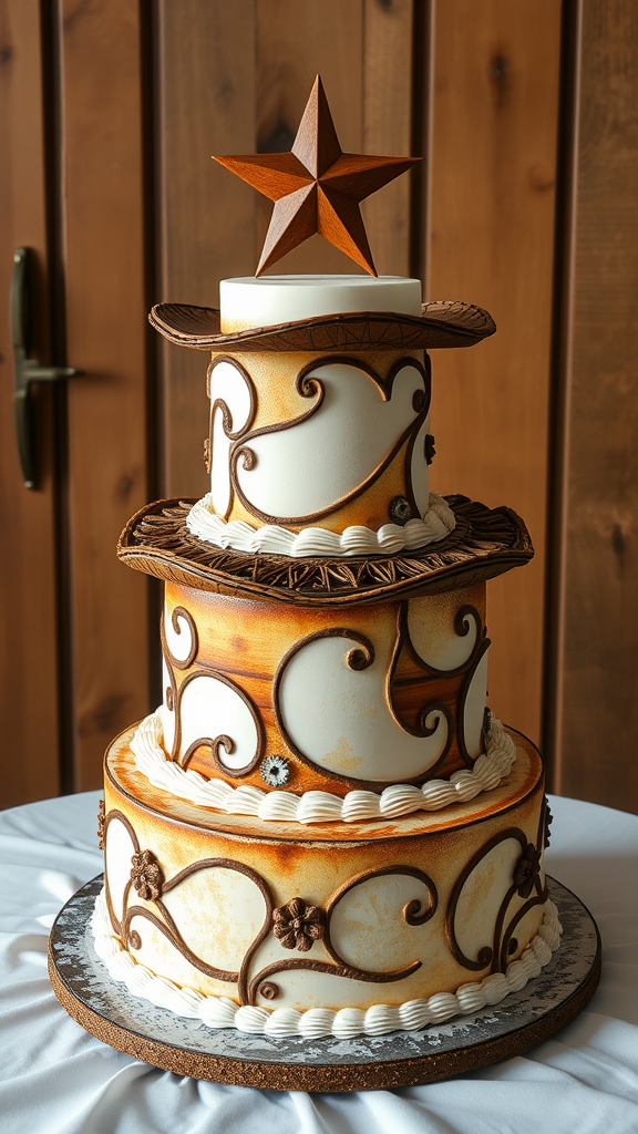 25 Cowboy Wedding Cake Ideas to Inspire Your Rustic Celebration A beautifully decorated multi-tiered cowboy wedding cake with intricate designs and a wooden star on top.