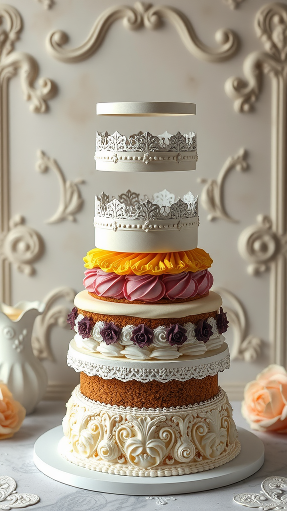 35 Exquisite Rococo Cakes for Your Next Celebration A beautifully layered Rococo cake with intricate decorations and different colored tiers.