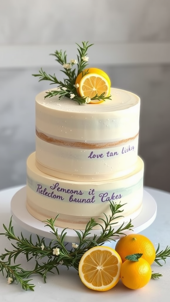 20 Enchanting Christmas Wedding Cake Ideas A two-tiered lemon cake decorated with rosemary and fresh lemons, featuring a message on the cake.