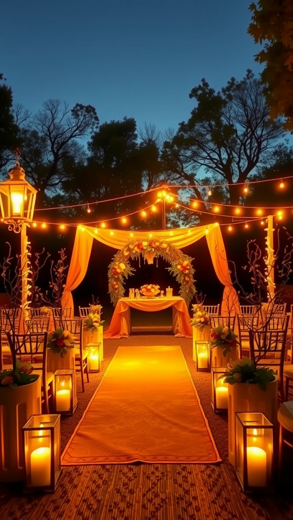 35 Earth Tone Wedding Ideas That'll Make Your Guests Go 'Wow!' (Don't Miss #10!) Outdoor wedding setup featuring warm lighting, lanterns, and earth tone decorations.