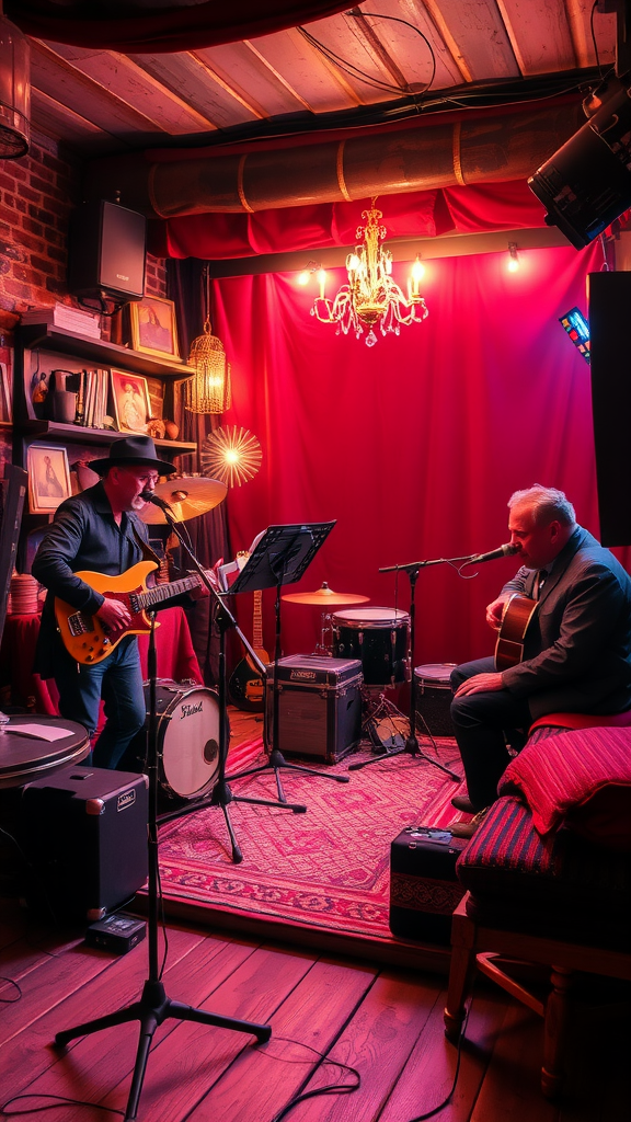25 Creative Ideas for a Boho 50th Birthday Party Celebration Two musicians performing live music in a cozy venue.