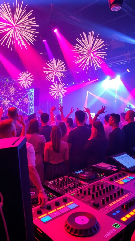 20 Exciting New Year’s Eve Party Ideas to Celebrate in Style A DJ setup with colorful lights and a crowd enjoying live music at a festive event.