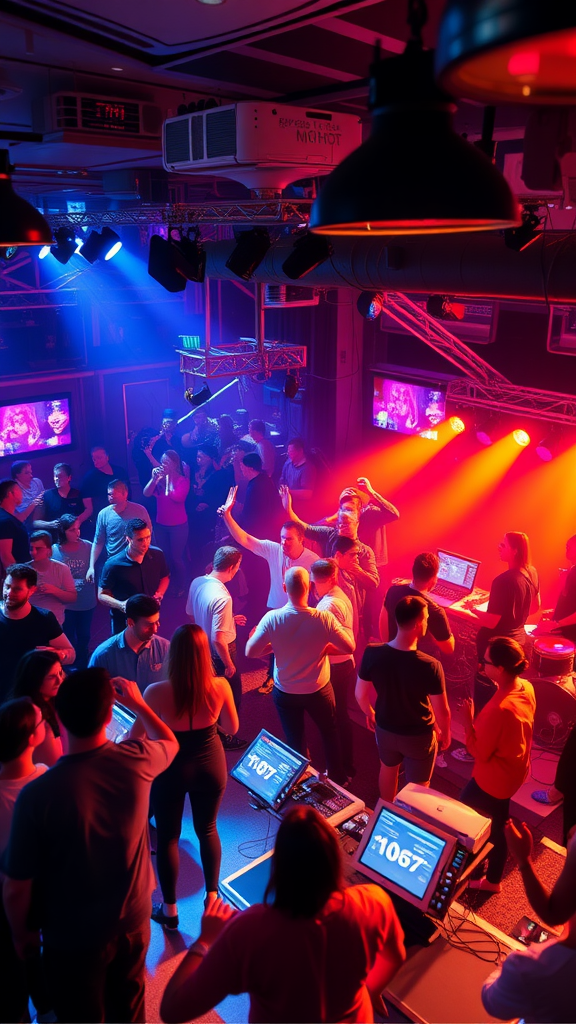 20 Exciting adults New Year's Eve Party Ideas A vibrant party scene featuring a DJ setup and animated crowd with colorful lights.