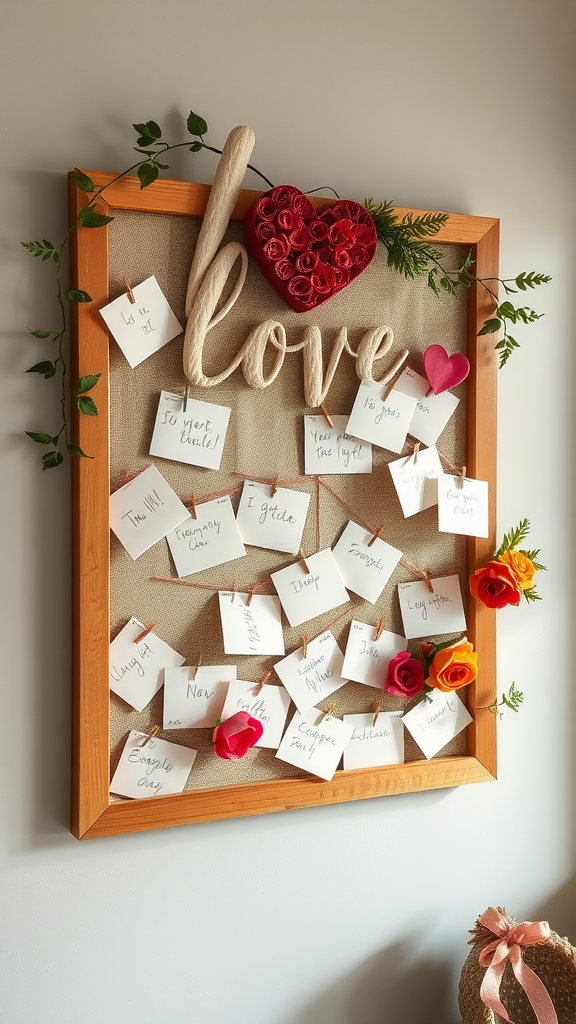 25 Lovely Valentine Baby Shower Ideas You’ll Love A decorative wall with a love theme featuring handwritten notes, roses, and a central 'love' sign.