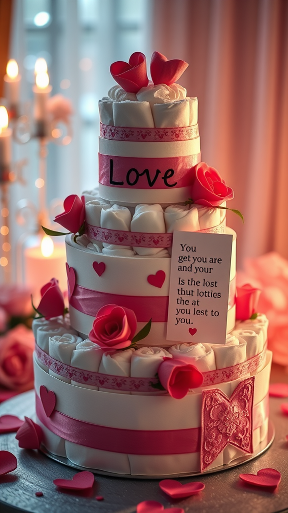 25 Creative Valentine Diaper Cakes A three-tiered diaper cake decorated with pink roses, ribbons, and a love note, symbolizing a gift for new parents.
