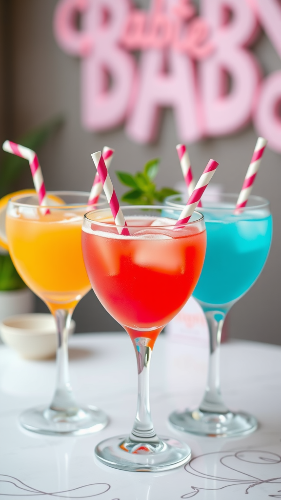 25 Lovely Valentine Baby Shower Ideas You’ll Love Colorful Love Potion Mocktails in glasses with striped straws. Valentine Baby Shower Ideas