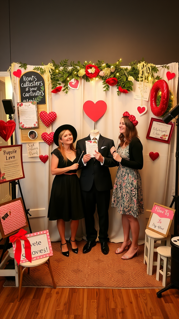 25 Lovely Valentine Baby Shower Ideas You’ll Love A couple posing at a love story themed photo booth, with a backdrop of hearts and flowers.