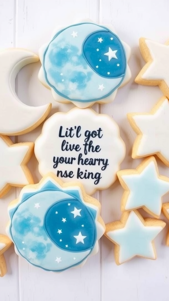 15 Adorable Valentine Baby Shower Sugar Cookies Decorated star-shaped cookies with blue accents and a message 'Are you like yours felt mee!'