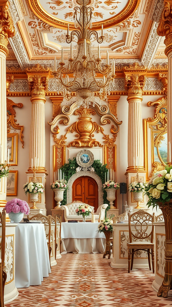 35 Rococo Wedding Inspiration Ideas That Will Make Your Heart Skip a Beat (Don't Miss #10!) Luxurious Rococo wedding interior featuring ornate decorations, a chandelier, and floral arrangements.