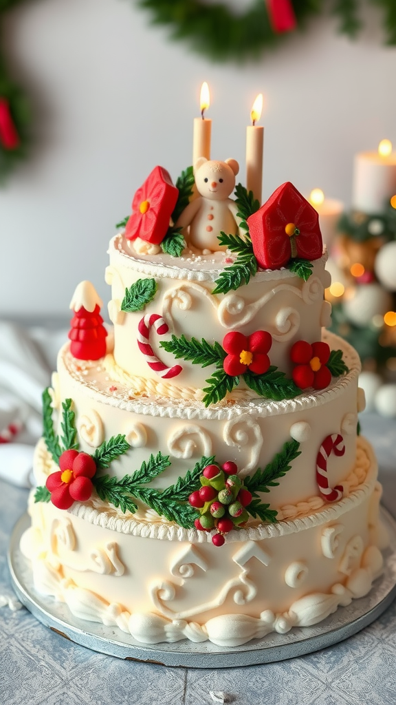 20 Enchanting Christmas Wedding Cake Ideas A three-tiered christmas wedding cake adorned with marzipan decorations, candles, and festive elements.