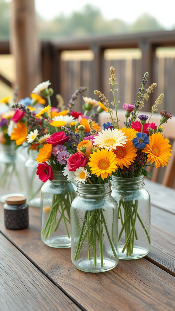 25 Cowboy Wedding Flowers That Will Make Planning a Breeze! Colorful flower arrangements in mason jars on a wooden table