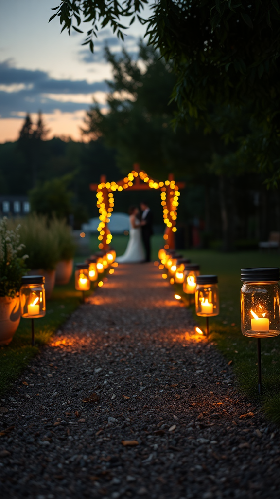 15 Creative Cowboy Wedding Entrance Ideas to Wow Your Guests Pathway illuminated by mason jar lanterns leading to a wedding altar. Cowboy Wedding Entrance