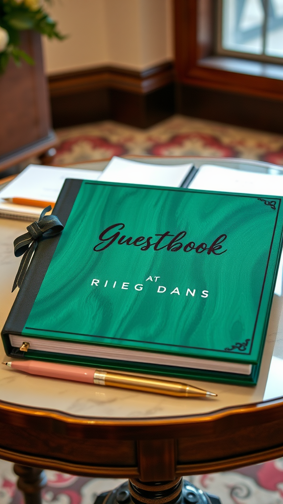 20 Enchanting Dark Romantic Wedding in Emerald Green Ideas Emerald green guestbook with elegant lettering on a table, accompanied by a pen.