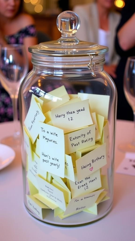 20 Exciting adults New Year's Eve Party Ideas A jar filled with colorful slips of paper, each with handwritten memories, sitting on a table, surrounded by soft lighting.