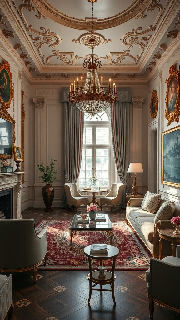 35 Stunning Ideas for a Rococo Party Luxurious room with Rococo style decor, featuring a chandelier, ornate ceiling, and modern furniture.