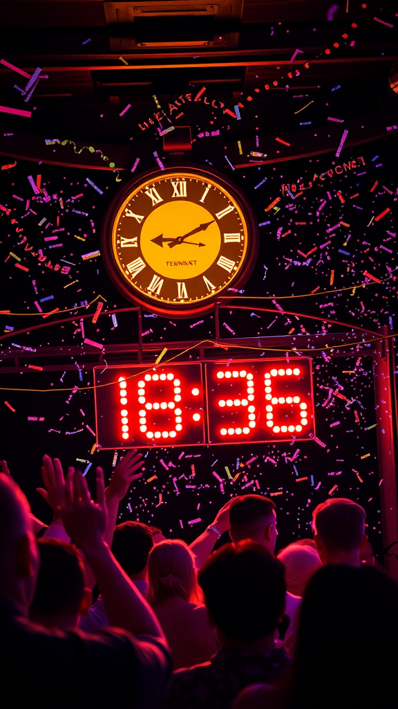 20 Exciting adults New Year's Eve Party Ideas A lively New Year’s Eve countdown celebration with a digital clock and festive decorations.