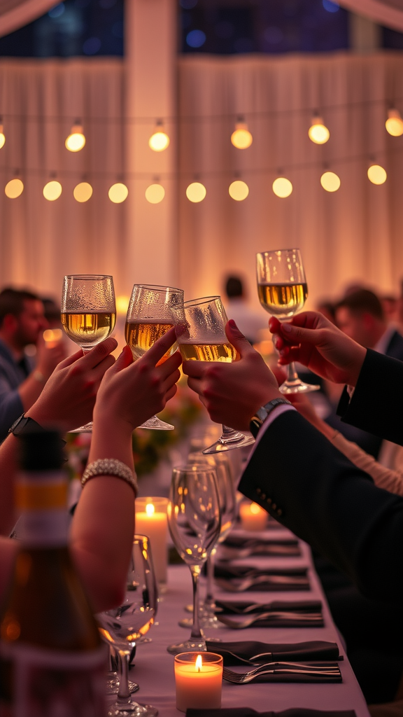 20 Exciting New Year’s Eve Party Ideas to Celebrate in Style A group of people toasting with drinks at a celebration, surrounded by warm candlelight.