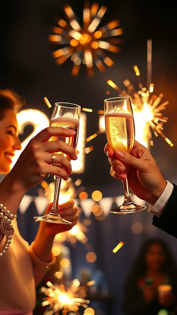 20 Exciting adults New Year's Eve Party Ideas Two people toasting with champagne flutes in a festive setting with sparklers in the background.