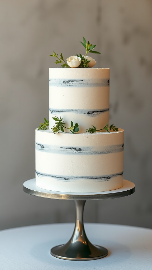 30 Themed Two-Tier Wedding Cakes That Are Totally Unique (Check Out #9!) A minimalist two-tier wedding cake decorated with fresh herbs and flowers.