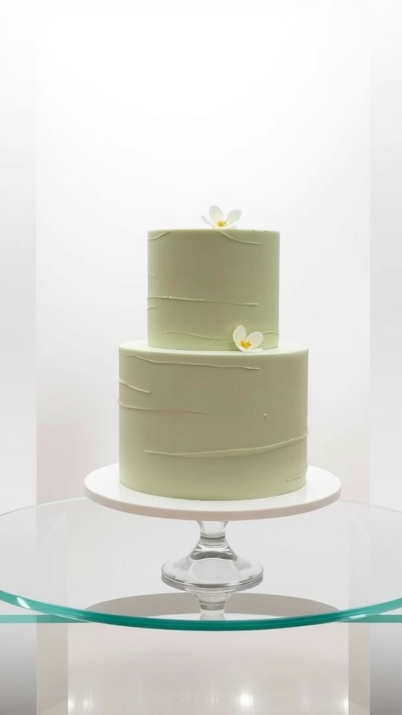 15 Elegant Sage Green Wedding Cake Ideas for Your Perfect Day A simple sage green wedding cake on a glass stand with minimal decorations.