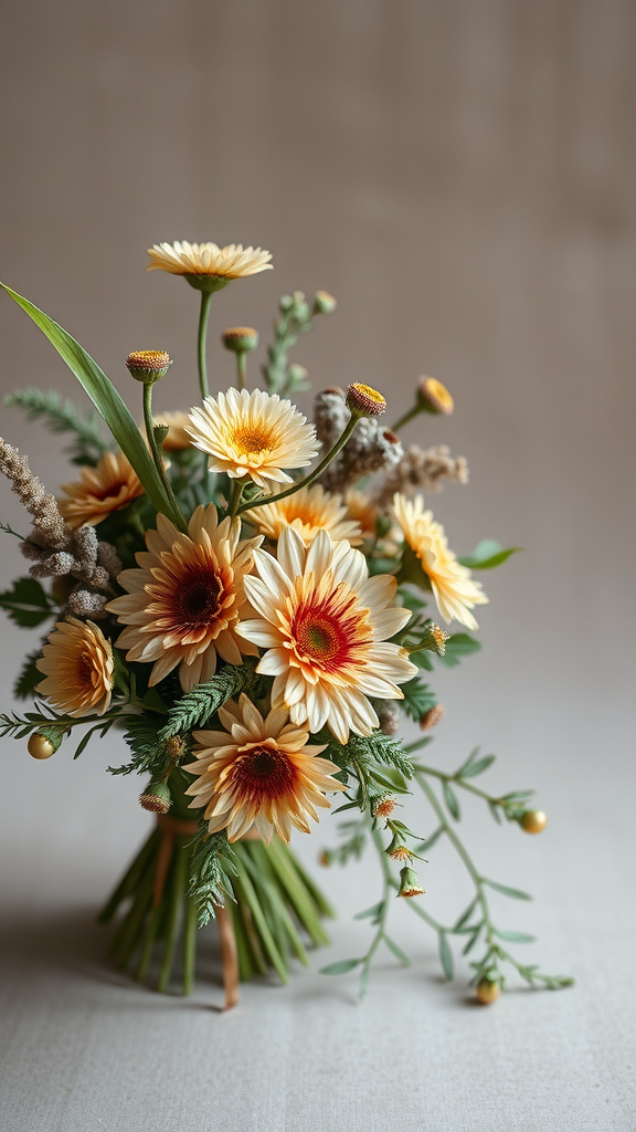 35 Stunning Earth Tone Wedding Bouquets for Your Dream Celebration A minimalist wedding bouquet featuring large daisies in soft yellow tones, accented with greenery and natural elements.