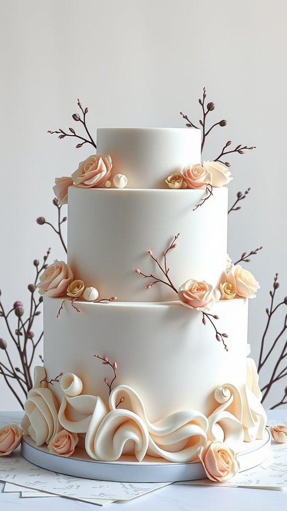 35 Exquisite Rococo Cakes for Your Next Celebration A beautifully designed Rococo cake with three tiers, decorated with pink roses and delicate branches.