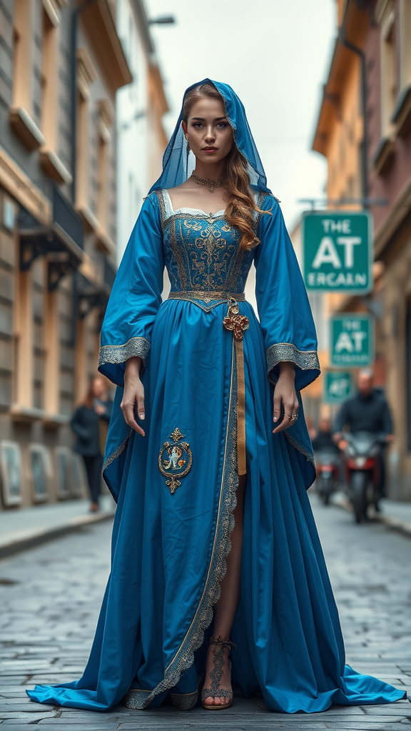 15 Stunning Blue Medieval Wedding Dresses for Your Fairytale Day A woman wearing a blue medieval wedding dress with a hood, standing on a cobblestone street.