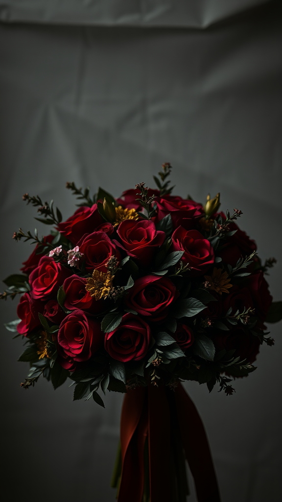 35 Stunning Earth Tone Wedding Bouquets for Your Dream Celebration A stunning bouquet featuring deep red roses and greenery, perfect for an earth tone wedding.